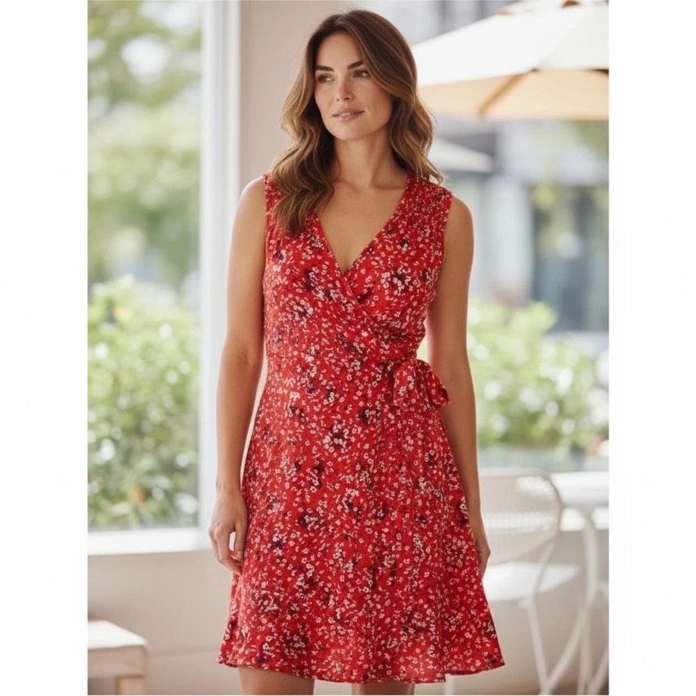 Universal Thread Floral Red Wrap Dress Size M